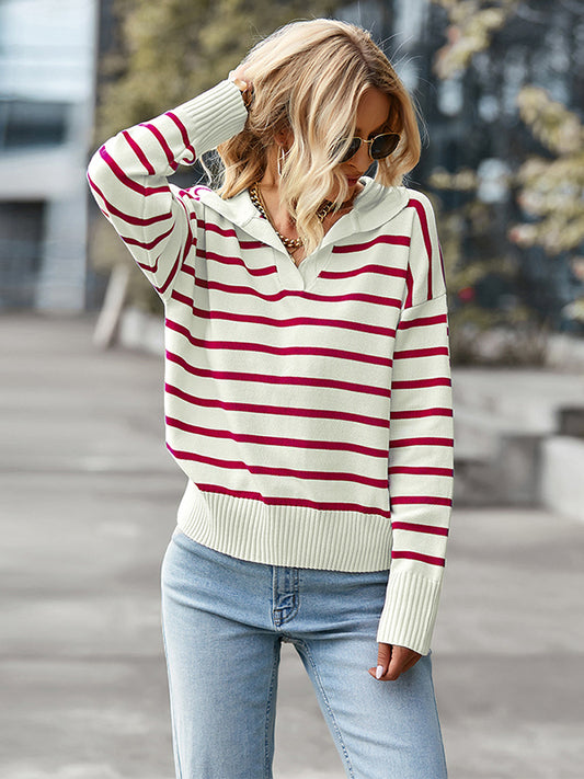 flowersverse Casual Loose Striped Polo Sweater Top