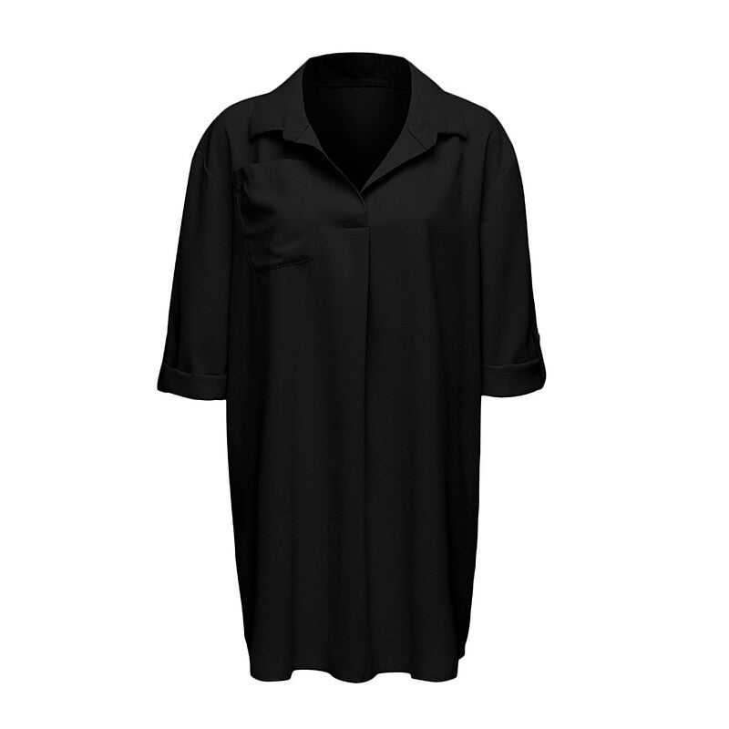 flowersverse Women's Shirt Dress Cover Up Beach Wear Mini Dress Pocket Split Basic Casual Plain Turndown 3/4 Length Sleeve Loose Fit Outdoor Daily Black  Summer Spring S M L XL