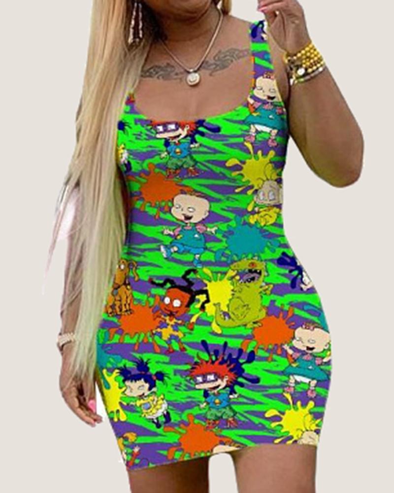 flowersverse Cartoon Print Square Neck Bodycon Dress