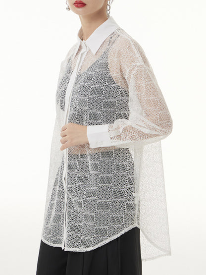 flowersverse Lacy See-Through Solid Color Long Sleeves Loose Lapel Blouses&shirts Tops