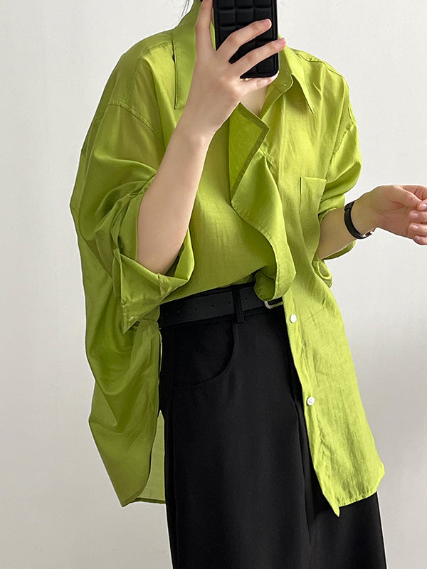 flowersverse Solid Color Irregular clipping Long Sleeves Lapel Blouses&shirts Tops