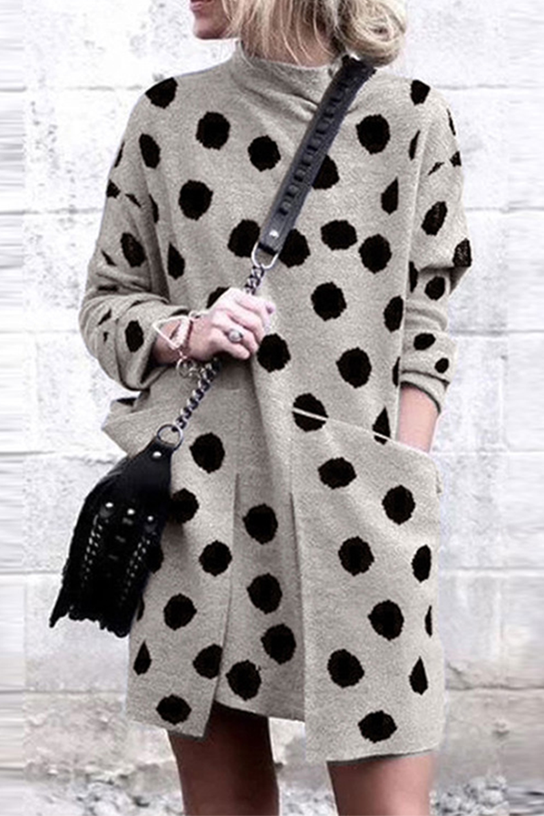 flowersverse Casual Polka Dot Split Joint Pocket O Neck Dresses