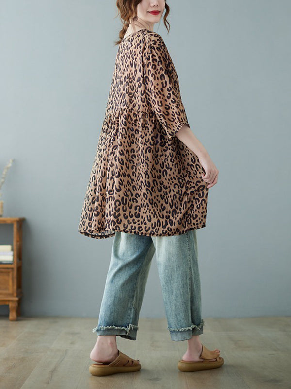 flowersverse Leopard Half Sleeves Loose V-neck T-Shirts Tops Blouses&shirts Tops