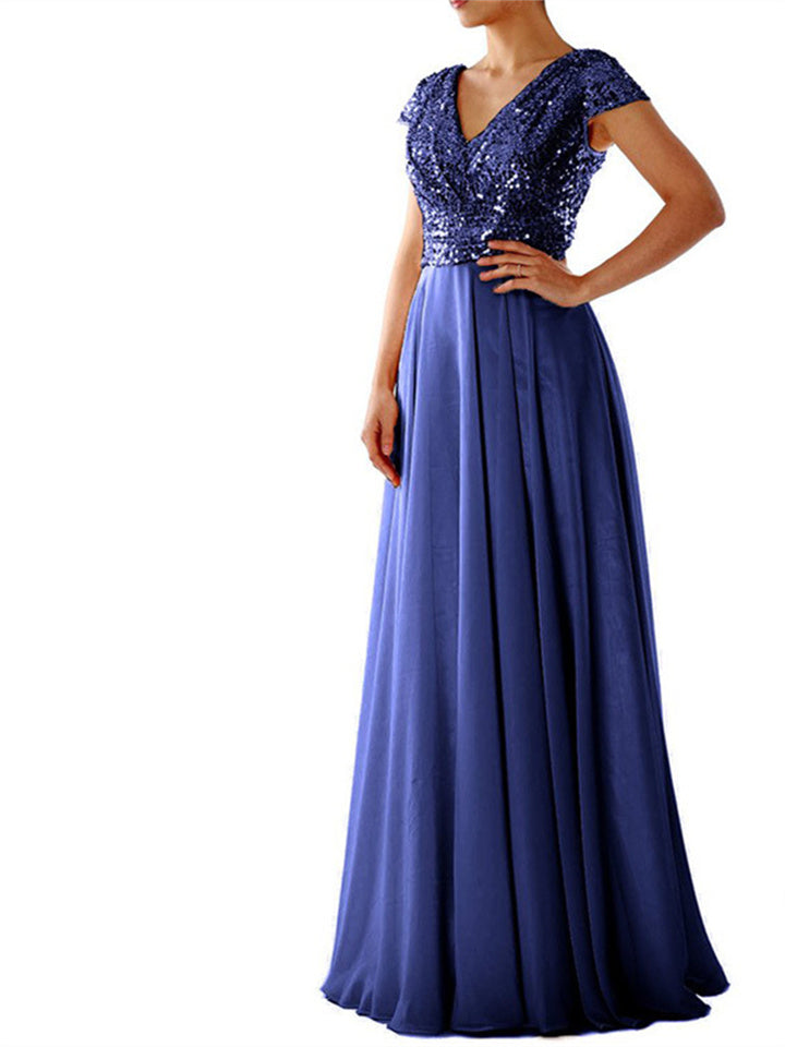 flowersverse V-Neck Chiffon Patchwork Evening Dress