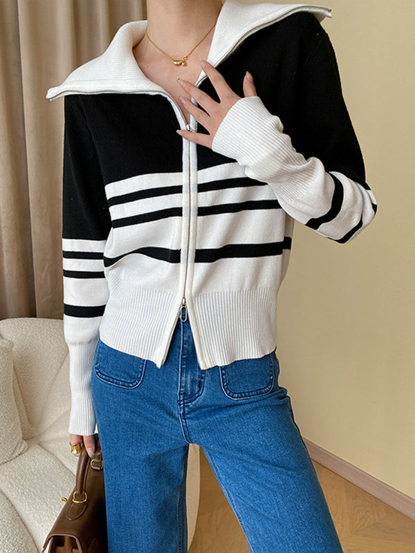 flowersverse Contrast Color Striped Zipper Long Sleeves Loose Lapel Cardigan Tops