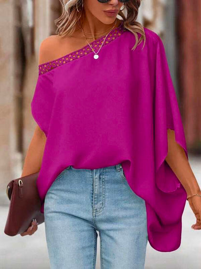 flowersverse Asymmetric Hollow Solid Color Batwing Sleeves One-Shoulder Blouses&Shirts Tops