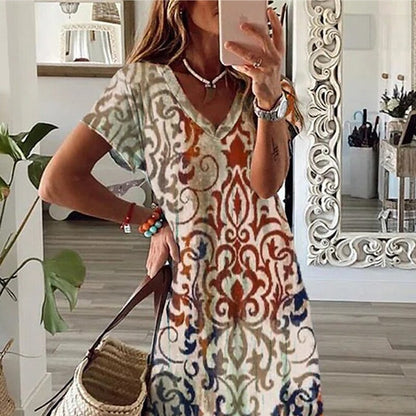 flowersverse Women's Casual Dress Shift Dress Long Dress Maxi Dress Khaki Short Sleeve Floral Split Spring Summer V Neck Vacation  S M L XL XXL 3XL