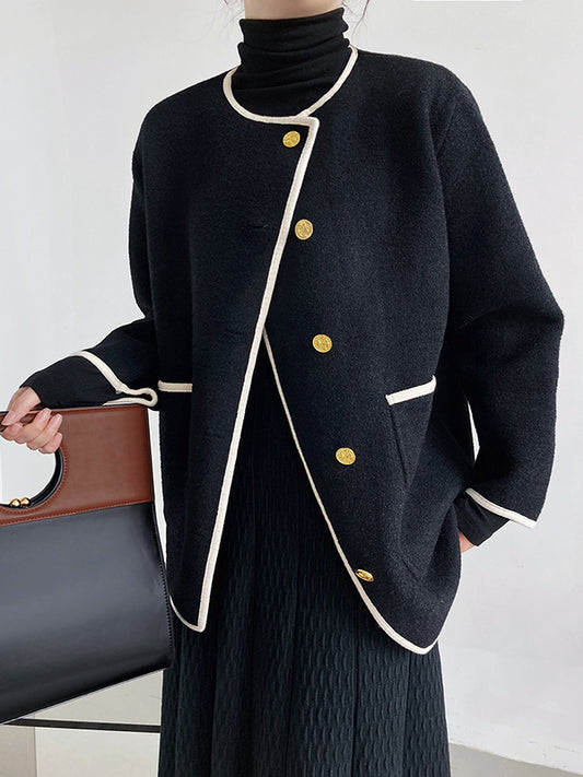 flowersverse Asymmetric Buttoned Pockets Split-Joint Long Sleeves Loose Round-Neck Woolen Coat