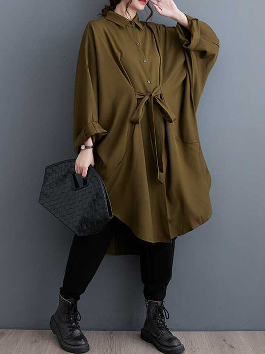 flowersverse Buttoned Pleated Solid Color Split-Joint Tied Batwing Sleeves Long Sleeves Lapel Outerwear Midi Dresses