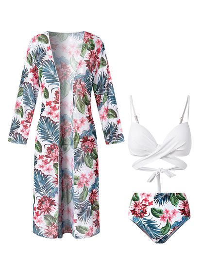 flowersverse Elegant Floral Printing Spaghetti Bikinis Three-Piece Set