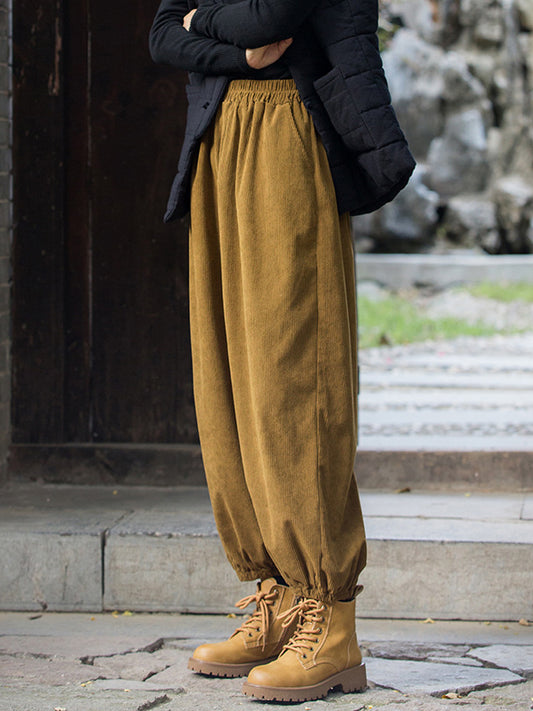 flowersverse Loose Solid Color Corduroy Casual Ninth Pants Bottoms