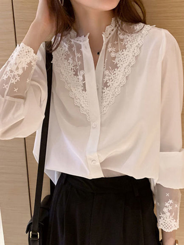 flowersverse Urban Black White Lace Split-Joint Hollow Blouse