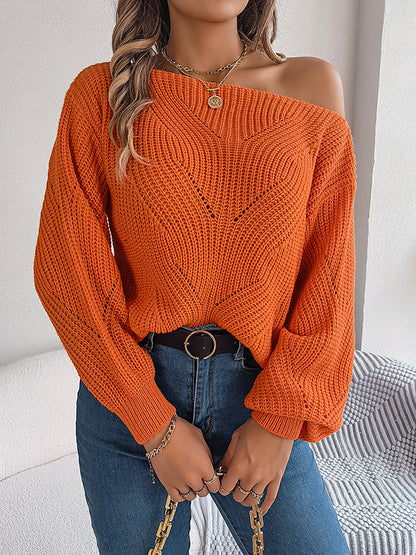 flowersverse Solid Color Split-Joint Loose Puff Sleeves Round-Neck Sweater Tops