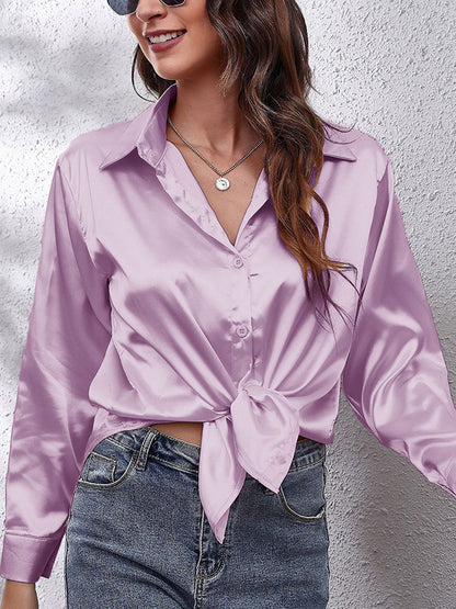 flowersverse Solid Color Long Sleeves Loose Lapel Blouses&Shirts Tops