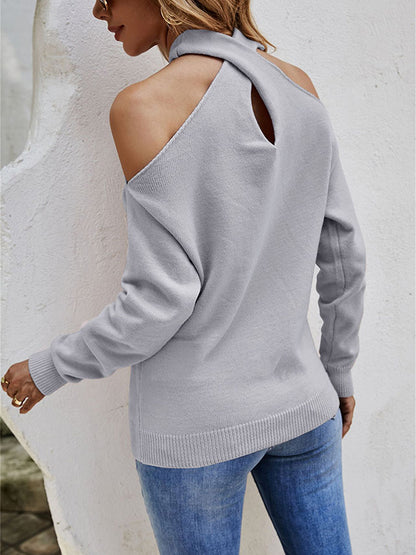 flowersverse Casual Long Sleeves Solid Color Halter-Neck Sweater Tops