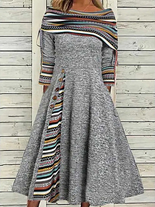 flowersverse Ethnic Casual Long sleeve Loose Dresse