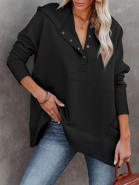 flowersverse Buttoned Hooded Split-Joint Batwing Sleeves Long Sleeves V-Neck Hoodies Tops