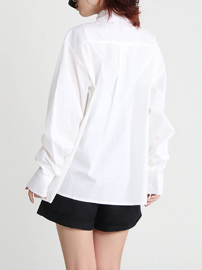 flowersverse Original Loose Puff Sleeves Buttoned Hollow Solid Color Lapel Collar Blouses&Shirts Tops