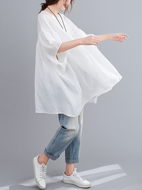 flowersverse Pleated See-Through Solid Color Half Sleeves Loose Round-neck Blouses&shirts Tops