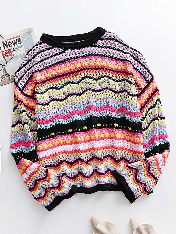 flowersverse 4 Colors Loose Contrast Color Round-Neck Sweater Top