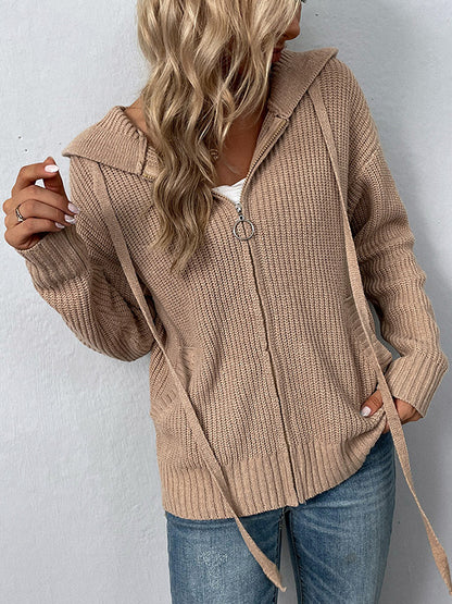 flowersverse Casual Long Sleeves Hooded Solid Color Cardigan Tops