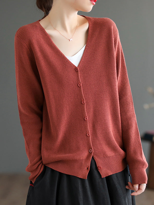 flowersverse Solid Color Long Sleeves Loose V-Neck Cardigan Tops