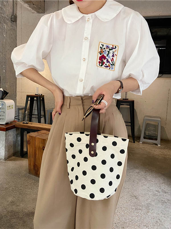 flowersverse Vintage Canvas Polka-Dot Printed Makeup Tote Bag Bucket Bag