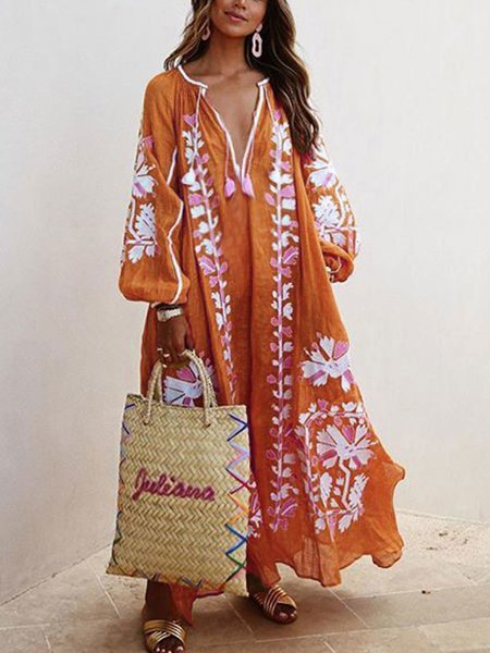 flowersverse Women Printed Boho Casual Dress V Neck Holiday Maxi Dress