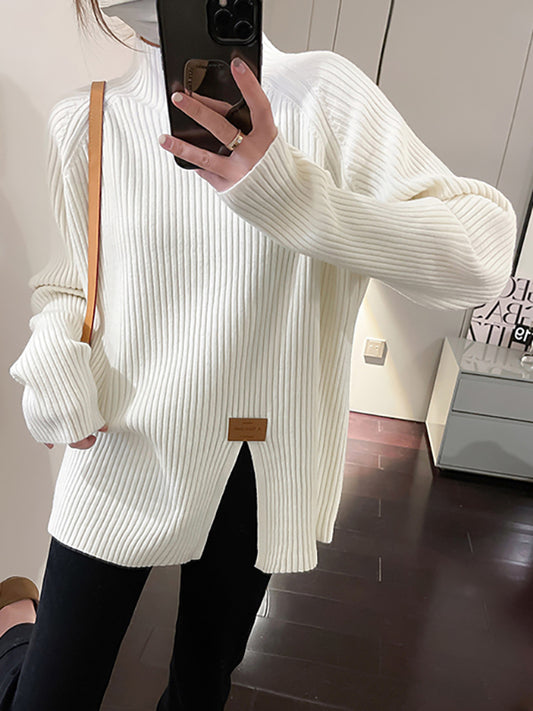 flowersverse Split-Front Long Sleeves Loose Mock Neck Sweater Tops Pullovers