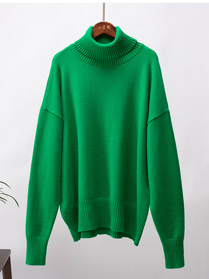 flowersverse Solid Color Long Sleeves Loose High Neck Sweater Tops Pullovers Knitwear