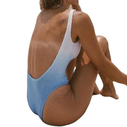 flowersverse Women's Swimwear One Piece Normal Swimsuit Open Back Gradient Color Blue Bodysuit Bathing Suits Sports Summer