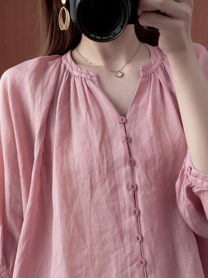 flowersverse Simple Casual Solid Buttoned Pleated Blouse