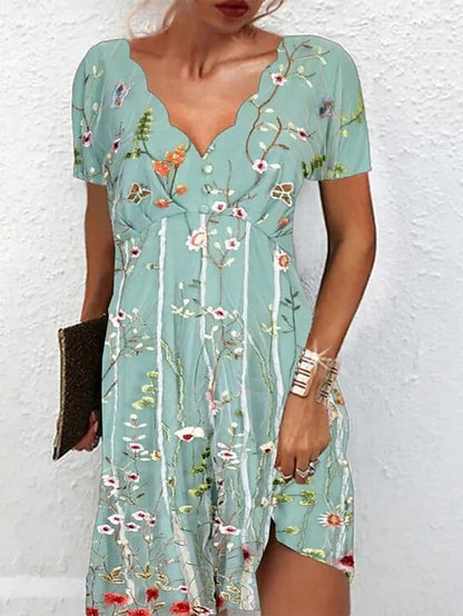 flowersverse Women's Casual Dress Summer Dress Print Dress Floral Print Scalloped Neck Mini Dress Fashion Modern Outdoor Daily Short Sleeve Regular Fit Green Spring Summer S M L XL XXL