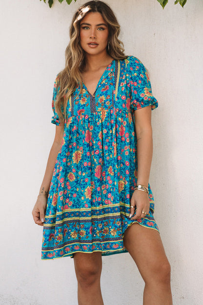 flowersverse Blue Floral Print Empire Waist Flowy Dress