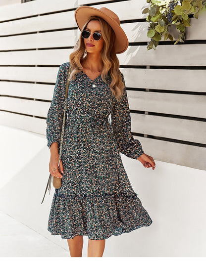 flowersverse Autumn Winter Sexy V Neck Print Dress Women Casual Full Sleeve Bandage Medium Long Floral Dresses High Wasit