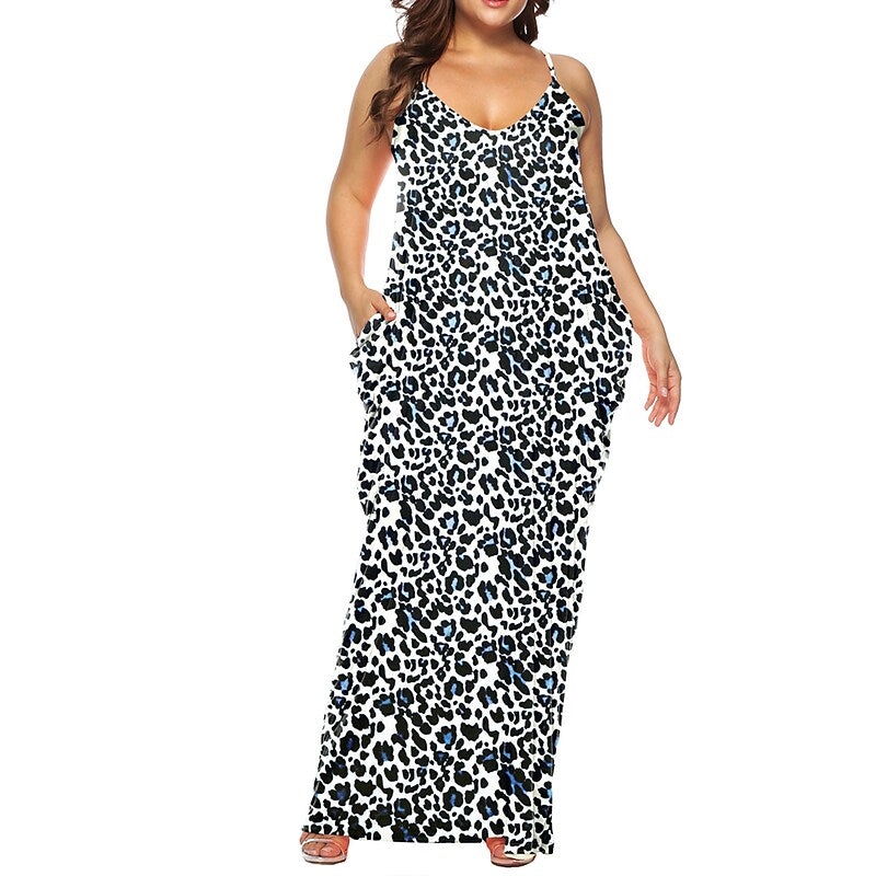 flowersverse Women's Plus Size Casual Dress Shift Dress Slip Dress Leopard Floral Long Dress Maxi Dress Sleeveless Pocket Print Strap Fashion Daily Light Yellow Black Spring Summer XL XXL 3XL