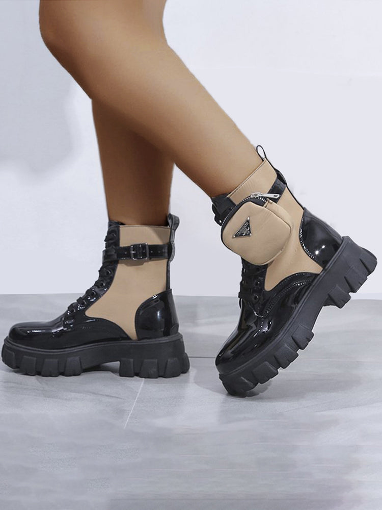 flowersverse Chunky Block Heels Combat Platform Boots