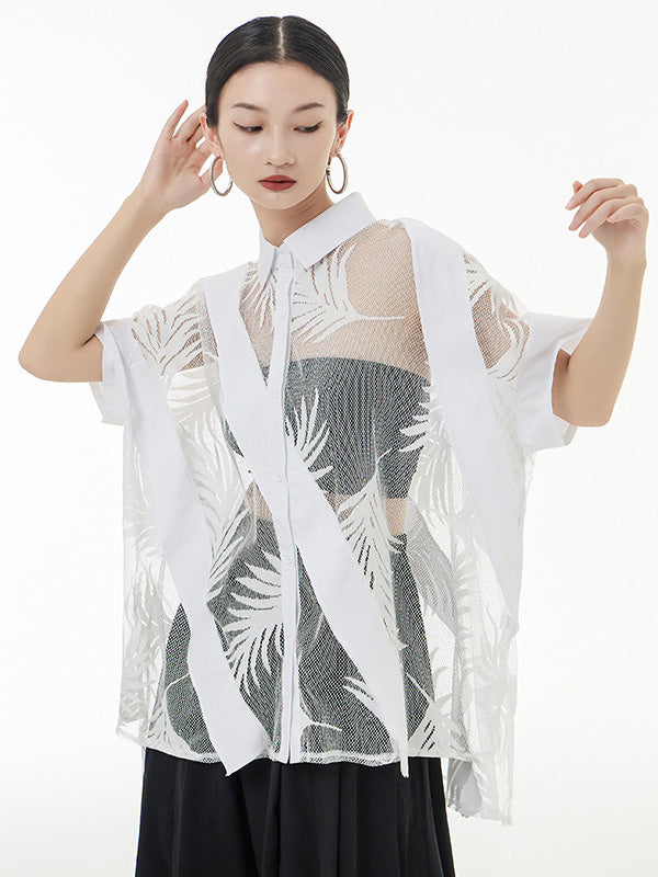 flowersverse Stylish Loose Half Sleeves Buttoned Mesh Hollow See-Through Blouses&Shirts Tops