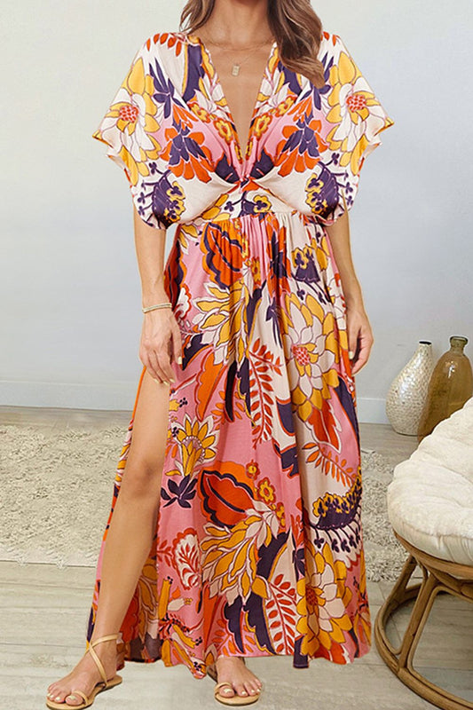 flowersverse Spring Floral Butterfly Deep V Dolman Sleeve Split Maxi Dress