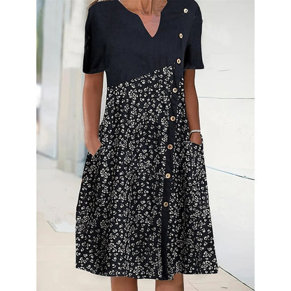 flowersverse Women's Casual Dress Summer Dress Print Dress Floral Button Pocket V Neck Mini Dress Fashion Modern Outdoor Daily Short Sleeve Regular Fit Black Spring Summer S M L XL XXL