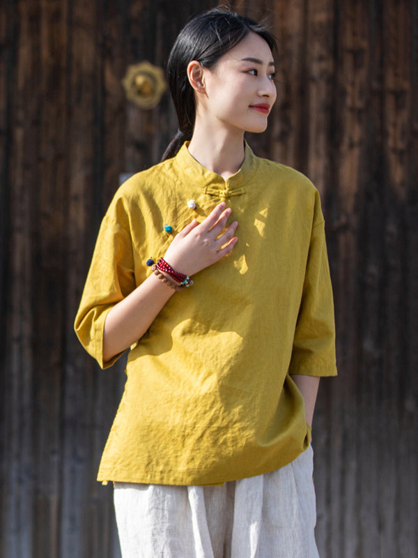 flowersverse Artistic Retro Loose Half Sleeves Buttoned Contrast Color Stand Collar Blouses&Shirts Tops