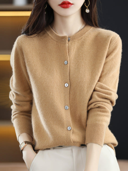 flowersverse Buttoned Elasticity Long Sleeves Round-Neck Knitwear Cardigan Tops