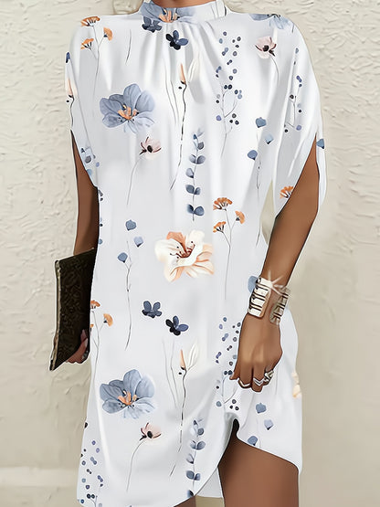 flowersverse Flower Print Batwing Sleeves Loose Round-Neck Mini Dresses