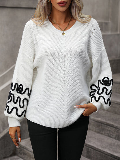 flowersverse Hollow Long Sleeves Loose Round-Neck Sweater Tops Pullovers Knitwear