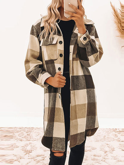 flowersverse Buttoned Plaid Long Sleeves Loose Lapel Outerwear