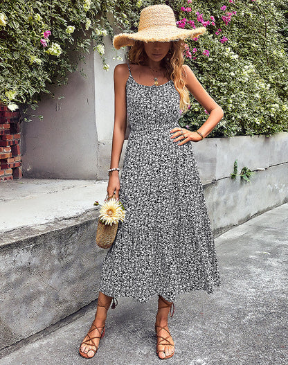 flowersverse Summer Spaghetti Strap Print Dresses For Women Slim Long Lace Up Button Floral Dress Female Sexy Backless