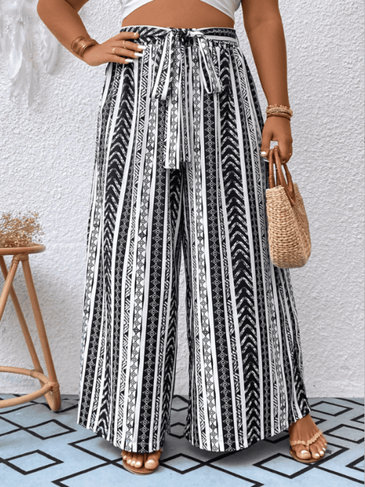 flowersverse Plus Size Striped Tied Wide Leg Pants