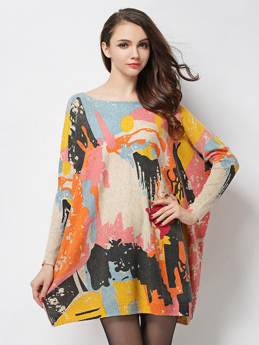 flowersverse Vintage Wool Blend Contrast Color Printed Sweater