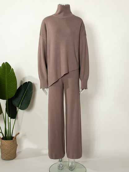 flowersverse Casual Solid Color Irregularity High-Neck Sweater& Wide Leg Pants Suits