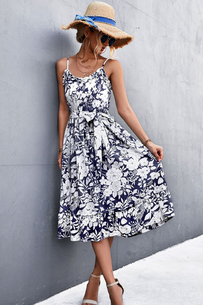 flowersverse Floral Frill Trim Scoop Neck Spaghetti Strap Dress